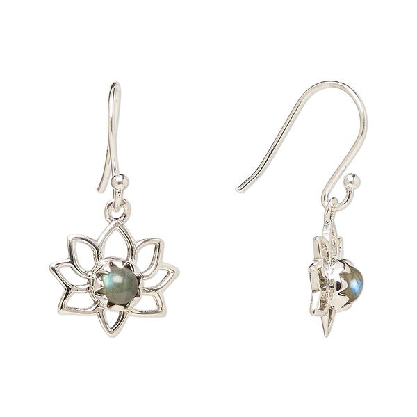 Earring, Create Compliments®, antiqued sterling silver and labradorite (natural), fishhook, 26mm with 14.5x12mm single-sided open lotus, 21 gauge. Sold per pair. image number 0