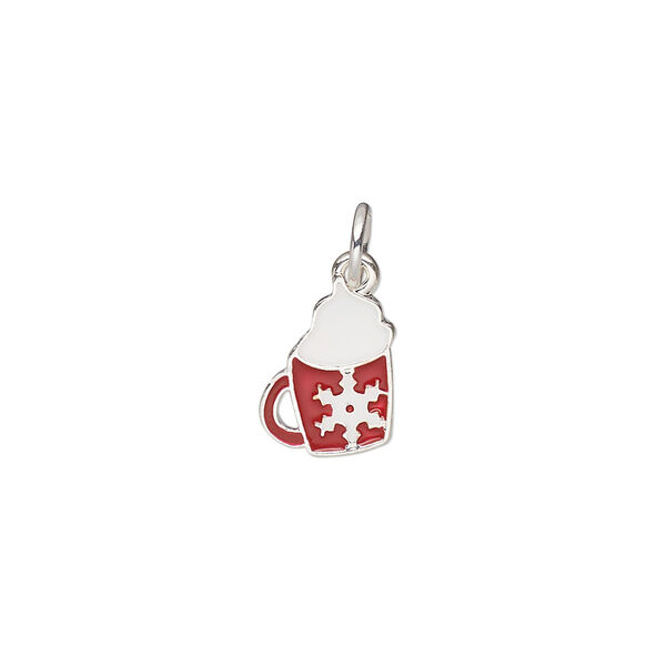 Charm, silver-finished "pewter" (zinc-based alloy) and enamel, red and white, 12x9mm mug with snowflake. Sold per pkg of 4. image number 0