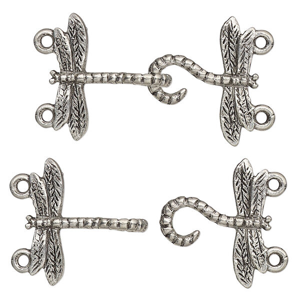 Clasp, 2-strand hook-and-eye, antiqued pewter (tin-based alloy), 33x18mm dragonfly. Sold per pkg of 2. image number 0