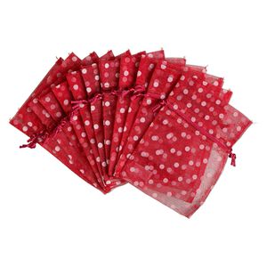 Pouch, flocked organza, red and white, 6x4 inches with dots pattern and drawstring closure. Sold per pkg of 12.