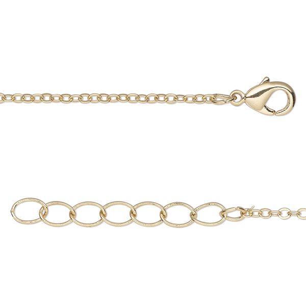 Chain, gold-finished brass, 1.5mm cable, 18 inches with 1-inch extender chain and lobster claw clasp. Sold per pkg of 4. image number 0