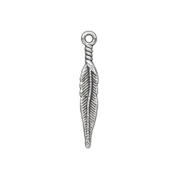 Charm, antique silver-plated "pewter" (zinc-based alloy), 26x5mm double-sided feather. Sold per pkg of 10. image number 0