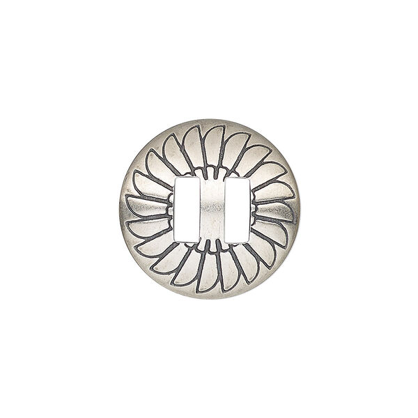 Slide, antiqued sterling silver, 19mm single-sided round Concho with fan design and 6.5mm bar, 6.5x2.5mm hole. Sold individually. image number 0