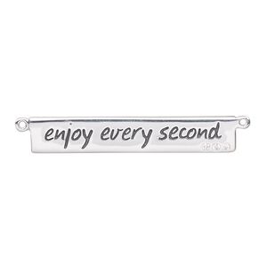 Focal, sterling silver / cubic zirconia / enamel, clear and black, 34x6mm single-sided flat rectangle with "enjoy every second" and 2 loops. Sold individually.