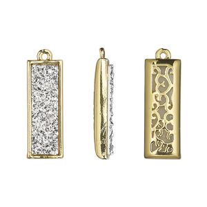 Drop, Druzylite™, "druzy" (resin) and gold-finished brass, silver, 21x8mm two-sided rectangle with open filigree back. Sold per pkg of 4.