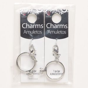 Charm, "pewter" (zinc-based alloy) / steel / glass, pkg/2, silver finish and clear, 27x22mm engagement ring with lobster claw clasp.