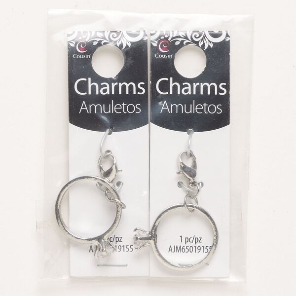 Charm, "pewter" (zinc-based alloy) / steel / glass, pkg/2, silver finish and clear, 27x22mm engagement ring with lobster claw clasp. image number 0