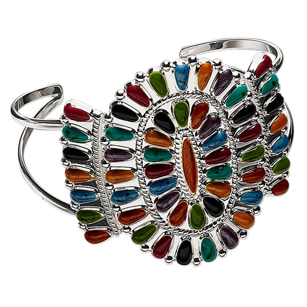 Bracelet, cuff, enamel and silver-plated brass, multicolored, 50mm wide Navajo-style cluster design, adjustable from 6-1/2 to 8 inches. Sold individually. image number 0