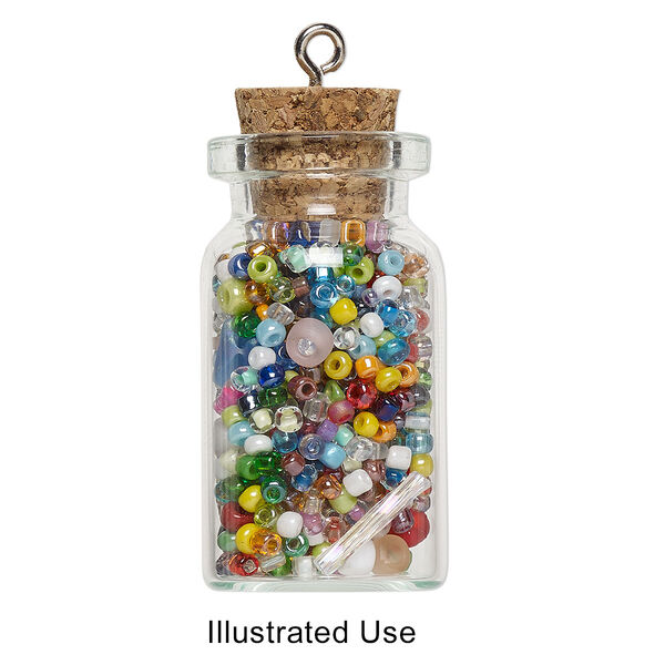 Component, glass / cork / nickel-finished steel, clear, 40x22mm bottle with stopper and screw eye. Sold per pkg of 100. image number 0