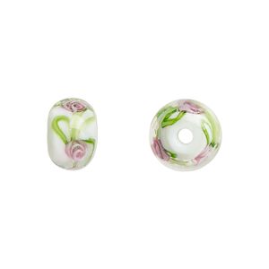 Bead, lampworked glass, opaque white and multicolored, 12x8mm rondelle with rose. Sold per pkg of 4.