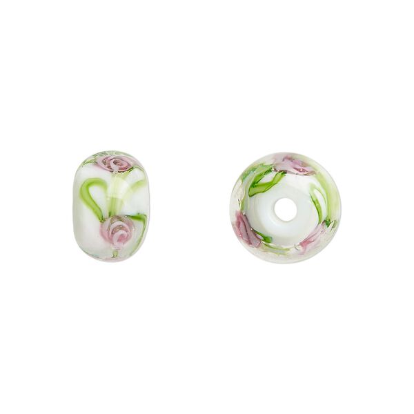 Bead, lampworked glass, opaque white and multicolored, 12x8mm rondelle with rose. Sold per pkg of 4. image number 0