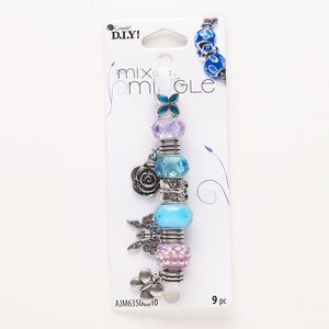 Bead assortment, "pewter" (zinc-based alloy) and glass, pkg/1, 5x8mm-14x10mm assorted shapes, antique silver finish and multicolored.