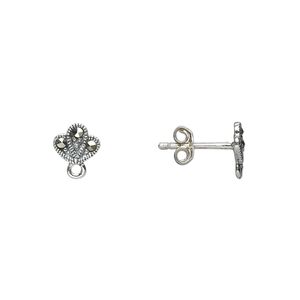 Marcasite / sterling silver 1pkg2, fan earstud / open loop / earnut natural 7x6mm