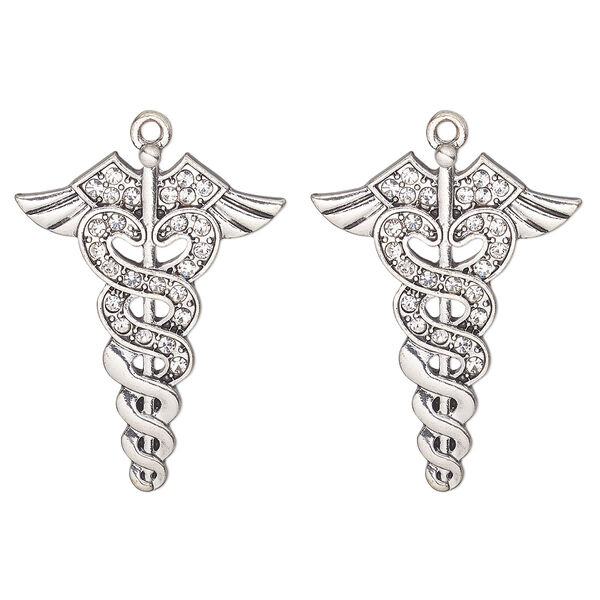 Focal, antique silver-finished "pewter" (zinc alloy) and glass, clear, 34x26mm caduceus medical symbol. Sold per pkg of 2. image number 0