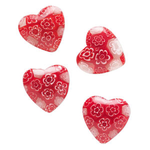 Bead, millefiori glass, pkg/4, translucent red/clear/white, 18-20mm half-drilled puffed heart.