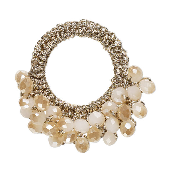 Focal, glass / nylon / steel, gold, 34x32mm-37x34mm open round with fringe. Sold per pkg of 4. image number 0