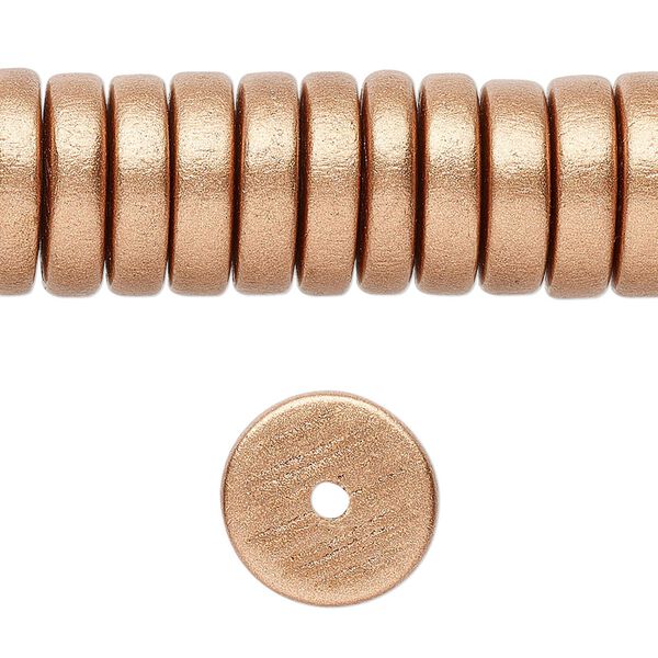 Bead, painted Taiwanese cheesewood (coated), metallic copper, 15x4mm hand-cut rondelle. Sold per 8-inch strand, approximately 45 beads. image number 0