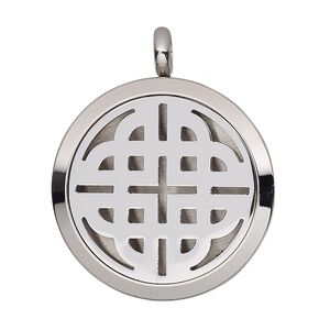 Pendant, stainless steel, 37x30mm single-sided hinged round locket with cutout Celtic knot and magnetic closure. Sold individually.