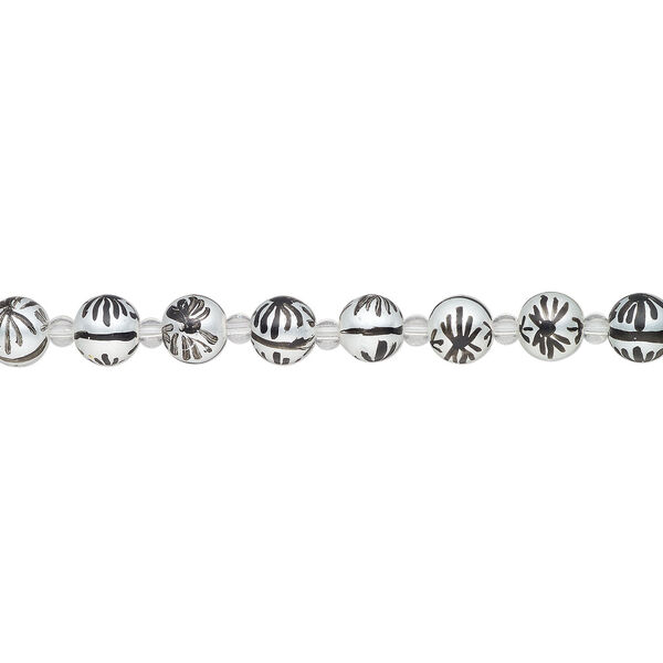 Bead, glass 1pkg8, opaque white and black, 10mm hand-painted round. image number 1