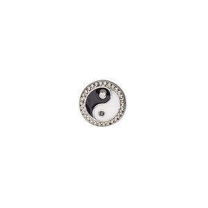 Bead 1pkg1 sterling silver, 10mm round yin-yang / beaded edge, clear cubic zirconia / enamel black & white / antiqued
