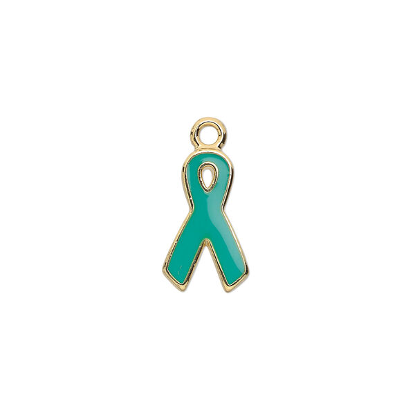 Charm, epoxy and gold-plated aluminum, green, 15x9mm single-sided awareness ribbon. Sold per pkg of 6. image number 0