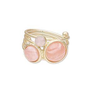 Ring, resin / glass rhinestone / gold-finished steel / "pewter" (zinc-based alloy), pink, 30mm wide with round, size 9. Sold individually.