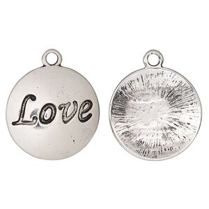 Drop, antique silver-finished "pewter" (zinc-based alloy), 25mm single-sided domed flat round with "Love." Sold per pkg of 2.