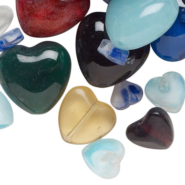 Bead mix, lampworked glass, opaque and translucent mixed colors, 8-18mm puffed heart. Sold per 4-ounce pkg, approximately 60 beads. image number 0
