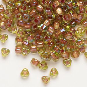 Seed bead, Miyuki, glass, transparent lime color-lined copper, (TR1818), #5 triangle. Sold per 250-gram pkg.
