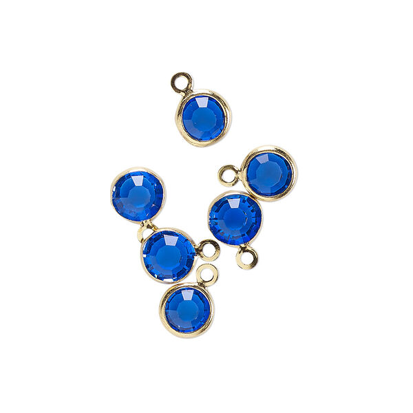 Drop, glass rhinestone and gold-finished brass, sapphire blue, 6-6.5mm faceted round. Sold per pkg of 6. image number 0