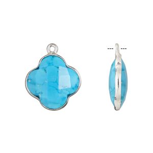 Drop, "turquoise" (imitation) resin and sterling silver, blue, 16-17mm hand-cut double-sided faceted clover. Sold individually.