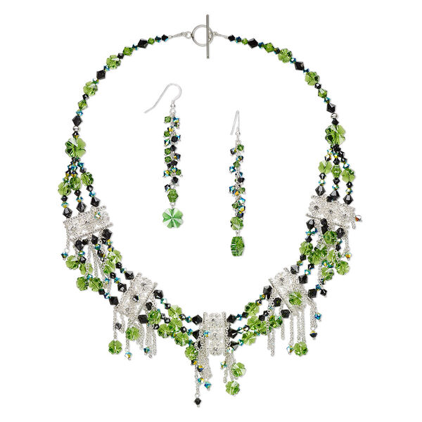 Necklace and earring set, One of a Kind Jewelry, sterling silver-filled / silver-plated brass and "pewter" (zinc-based alloy) / crystal, fern green / jet AB / jet AB2X, 19-inch necklace. Only one available. image number 0