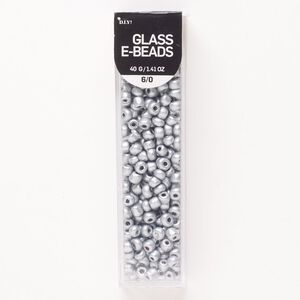 Seed bead, glass, pkg/40g, opaque silver, #6 round.
