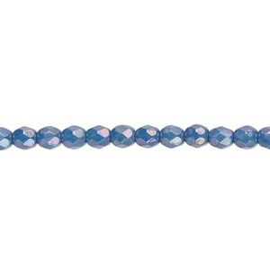 Bead, Czech fire-polished glass, opaque turquoise blue nebula, 4mm faceted round. Sold per 15-1/2" to 16" strand.