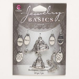 Charm and drop assortment, "pewter" (zinc-based alloy), pkg/10, antique silver finish, 12x8-25x15mm assorted sizes and shapes.