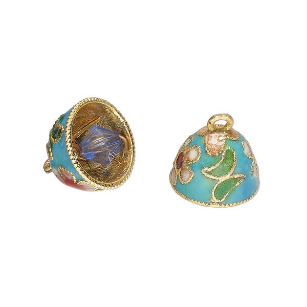 Bell, cloisonn&eacute; 1pkg2, gold-finished brass and enamel, turquoise blue and multicolored, 12x10mm bell with flower and bead clapper. image number 0