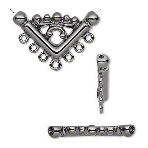 Connector, gunmetal-plated "pewter" (zinc-based alloy), 26x14mm filigree "V" with 7 loops. Sold per pkg of 2.