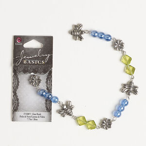 Component 1pkg1, antique silver-finished brass and steel / glass, blue and green, 5mm-14x12mm mixed shapes, 7-1/2 inches.