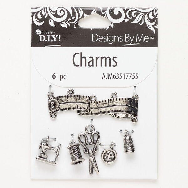 Charm / focal / finding assortment 1pkg6 "pewter" (zinc-based alloy) mixed sizes sewing shapes, antique silver finish image number 0
