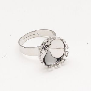 Ring brass 1pk 15mm glue in 14mm rivoli setting, size adjustable round, silver finish