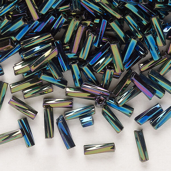 Bead, Preciosa Ornela Czech glass, bugle bead, pkg/500g, #3 twisted, green iris opaque black, (59155). image number 0