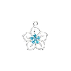 Charm, sterling silver and cubic zirconia, turquoise blue, 15mm single-sided flower. Sold individually.