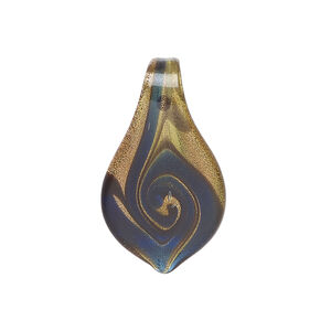 Drop, lampworked glass 1pkg1, opaque and translucent dark blue and dark brown with copper-colored glitter, 27x16mm-29x17mm spoon with swirl design.