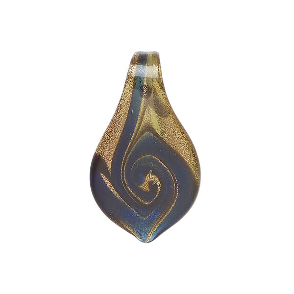 Drop, lampworked glass 1pkg1, opaque and translucent dark blue and dark brown with copper-colored glitter, 27x16mm-29x17mm spoon with swirl design. image number 0