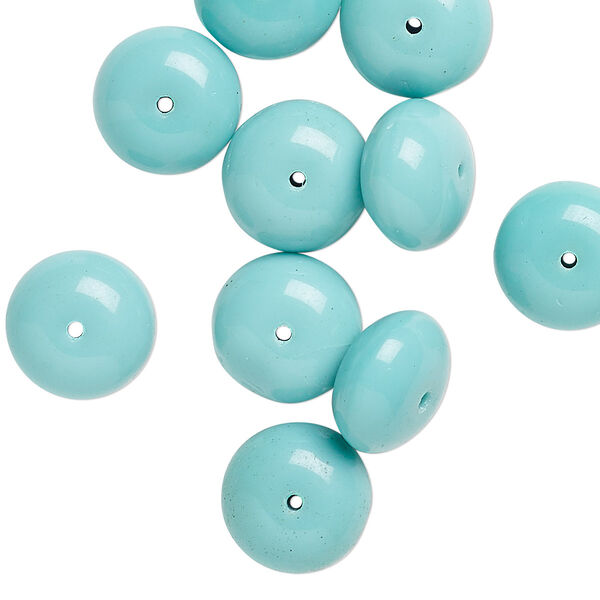 Bead, vintage German pressed glass, opaque teal blue, 11x6mm-12x7mm rondelle. Sold per pkg of 10. image number 0