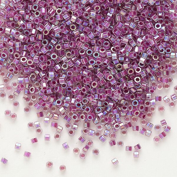 Seed bead, Delica®, glass, pkg/50g, #11 cut, translucent raspberry-lined rainbow crystal clear (DBC-0056). image number 0