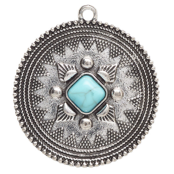Focal, antique silver-finished "pewter" (zinc-based alloy) and "turquoise" (resin) (imitation), turquoise blue, 38mm single-sided round. Sold per pkg of 2. image number 0
