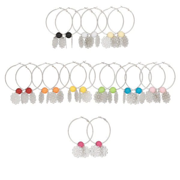 Earring mix, imitation rhodium-finished steel and acrylic, mixed colors, 11mm round and 23mm filigree flowers, 50mm round hoops with hinge closures. Sold per pkg of 10 pairs. image number 0