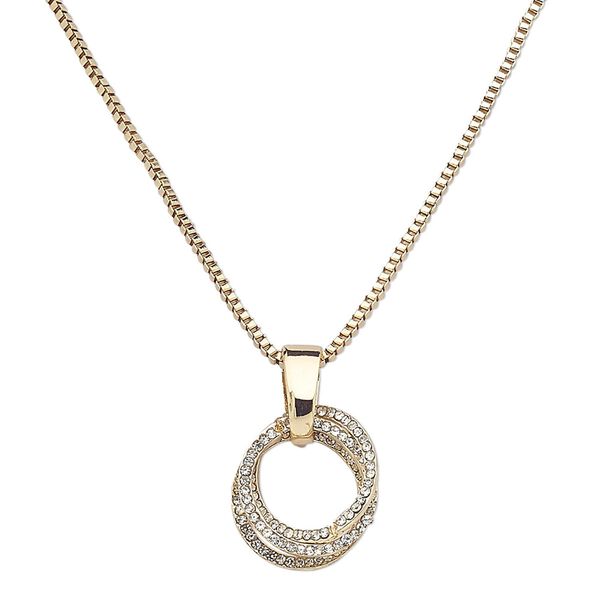 Necklace, glass rhinestone with gold-finished steel and "pewter" (zinc-based alloy), clear, 22mm rings, 16 inches with 2-inch extender chain and lobster claw clasp. Sold individually. image number 0