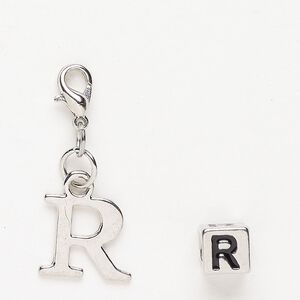 Charm and bead 1pkg2 antiqued silver-finished "pewter" (zinc-based alloy) / steel / enamel, black, 14x12mm "R" with lobster claw clasp and 7mm cube with "R".